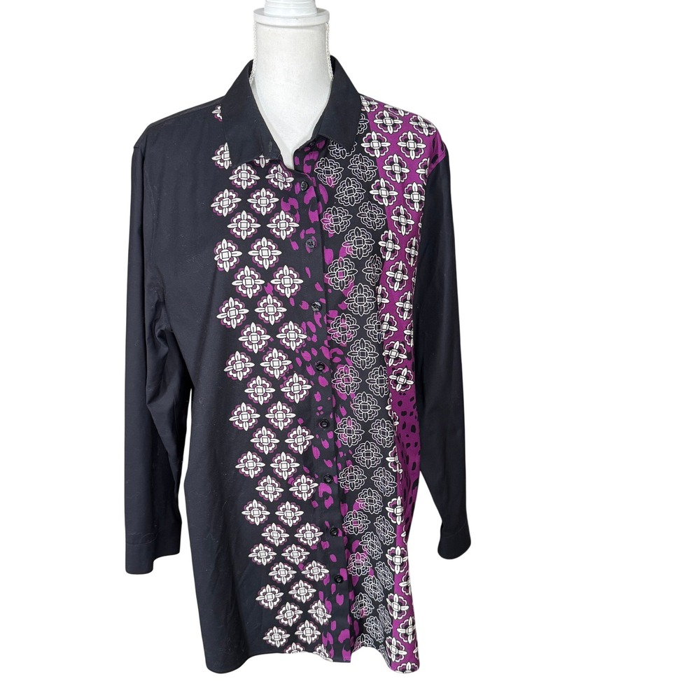 Chico's Purple Medallion No Iron Stretch Tunic Button Down Chico's Size 3.5 18 - Picture 16 of 16